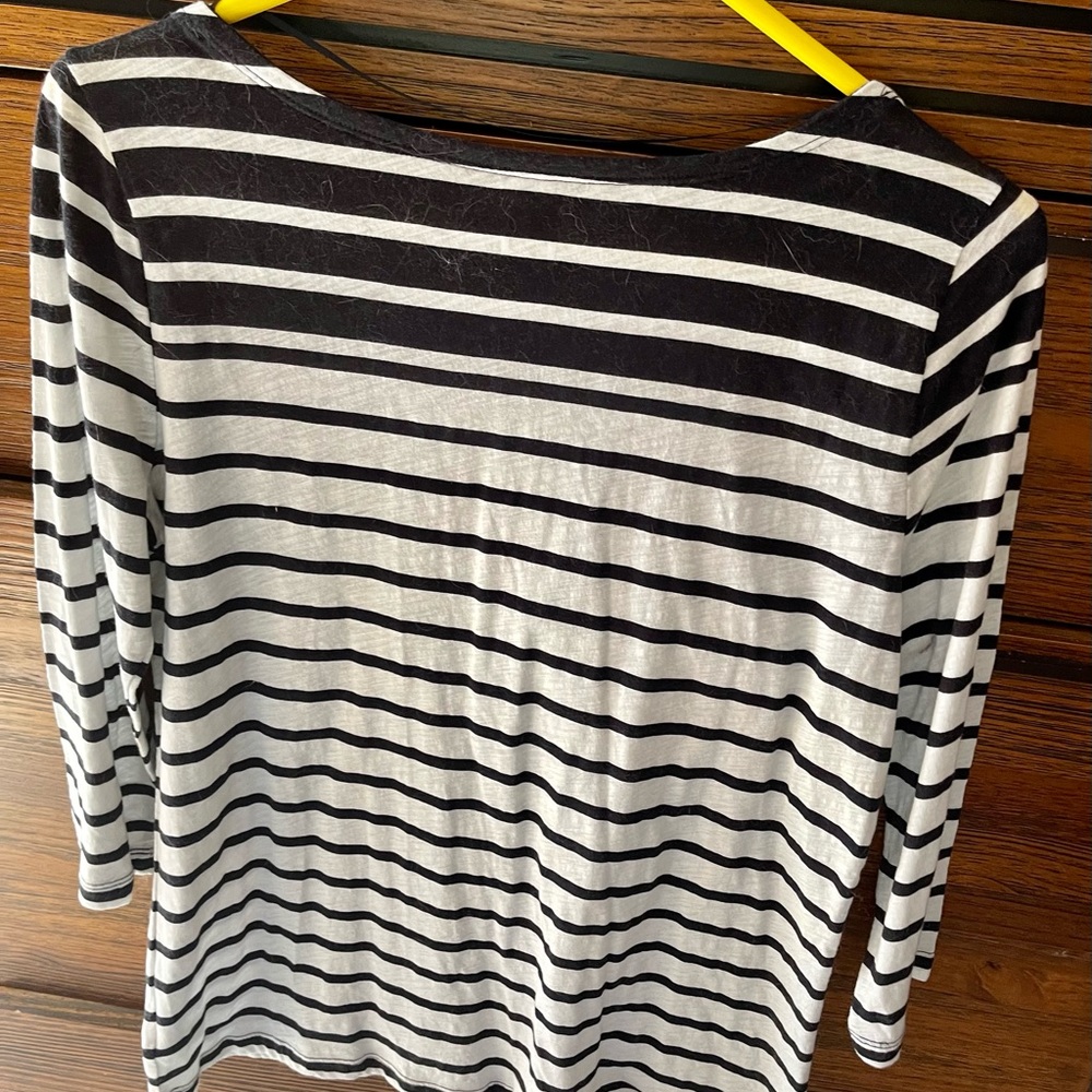 Ladies 3/4 sleeve- boat neck striped black T  Shirt
